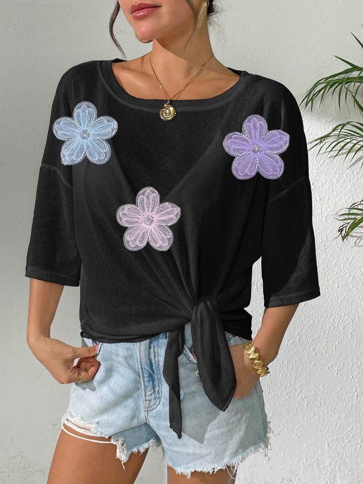 Damen lässiges Oberteil mit floralem Design und seitlichem Knoten Echo Archiv