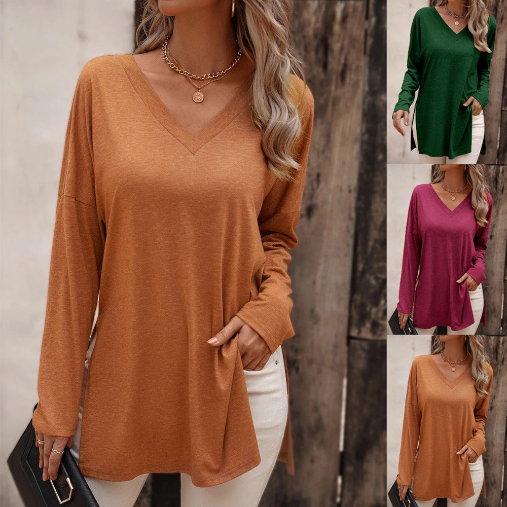 Damen lässige V-Neck Longsleeve-Tunika mit Seitenschlitzen und relaxed Fit – Avérine