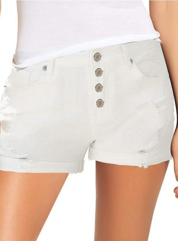 Damen modische High-Waist Denim-Shorts mit Knopfdetails und ausgefranstem Saum Echo Archiv