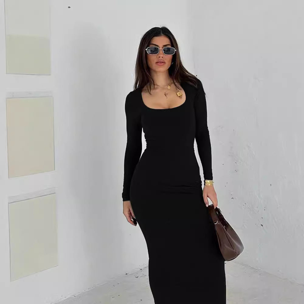 Damen Figurbetontes Stretch-Jerseykleid mit tiefem U-Boot-Ausschnitt und langen Ärmeln – Valéora
