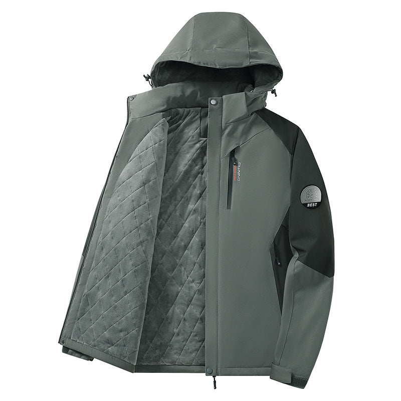 Herren zweifarbige Softshell-Outdoormantel mit winddichter Membran, verstellbarer Kapuze und verdeckter Brusttasche – Taviero