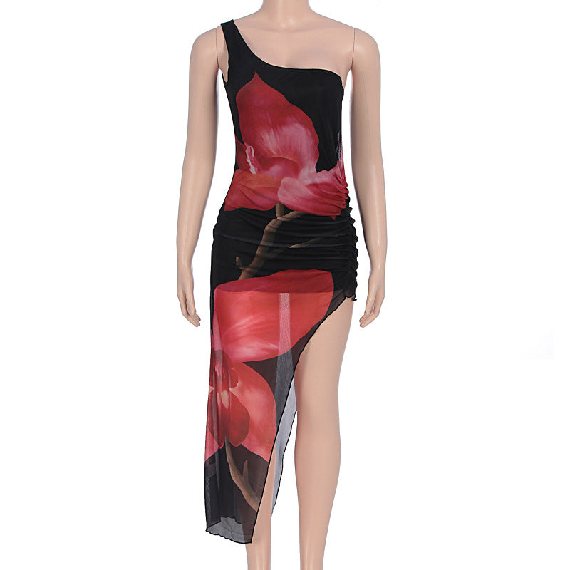 Damen asymmetrisches Maxikleid mit floralen Rüschen und seitlichem Schlitz Echo Archiv