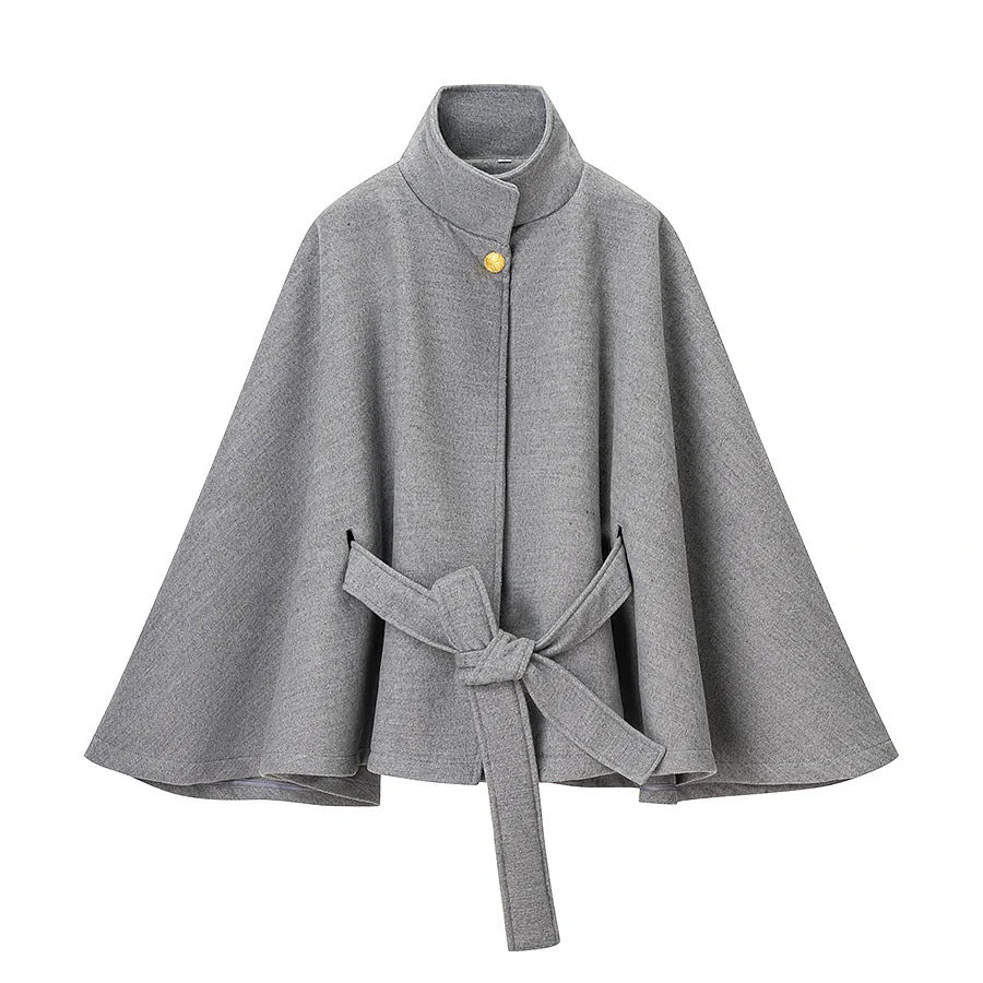 Damen taillierter Wollcape-Mantel mit Stehkragen Bindegürtel und verdeckter Knopfleiste – Montévia