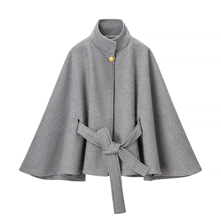 Damen taillierter Wollcape-Mantel mit Stehkragen Bindegürtel und verdeckter Knopfleiste – Montévia