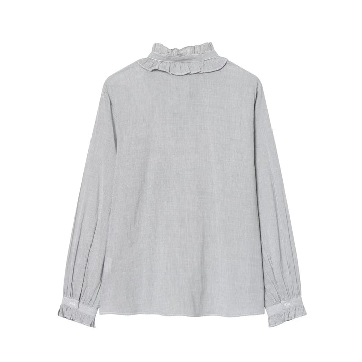 Damen Rüschenbluse mit hohem Stehkragen und Bindeschleife, plissierten Ärmeln und durchgehender Knopfleiste – Élovi