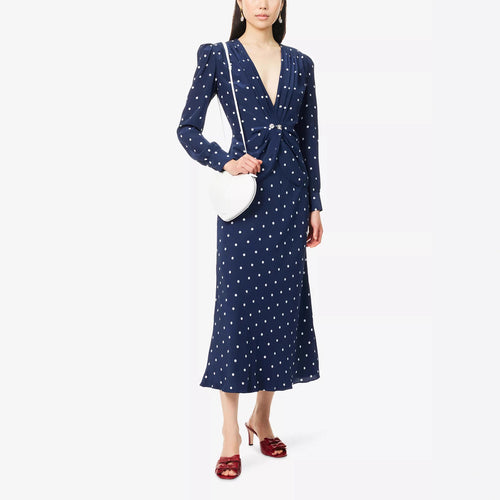 Damen Elegantes Polka-Dot Maxikleid mit tiefem V-Ausschnitt Echo Archiv