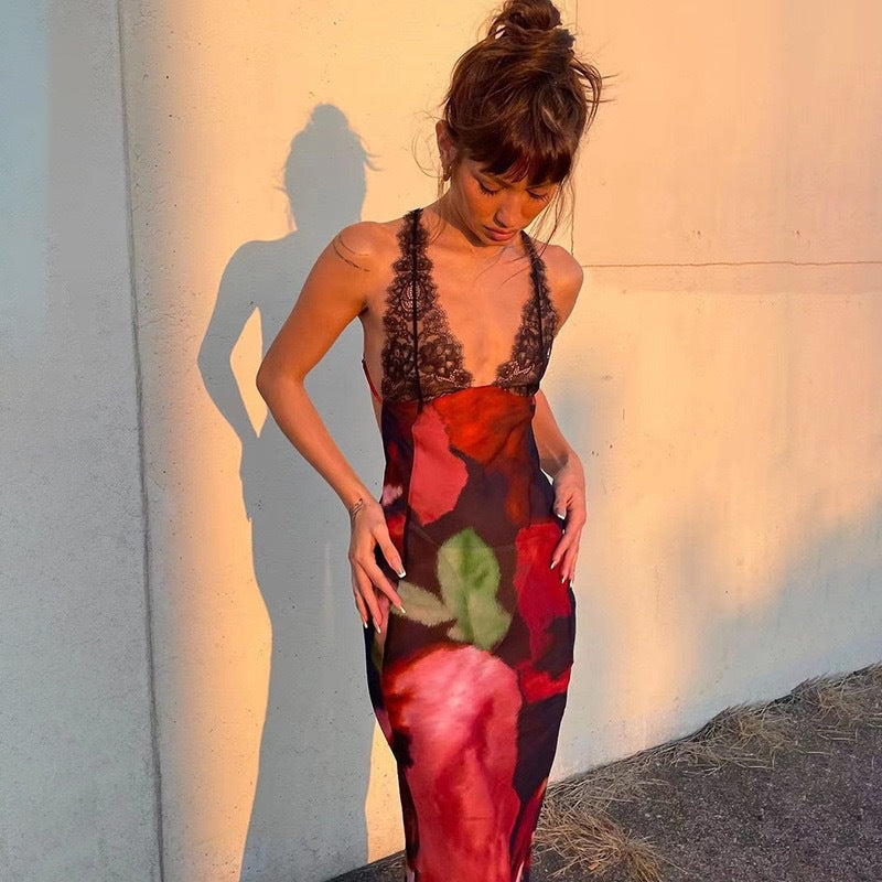 Damen Maxikleid mit raffiniertem Spitzenbesatz und floralen Mustern Echo Archiv