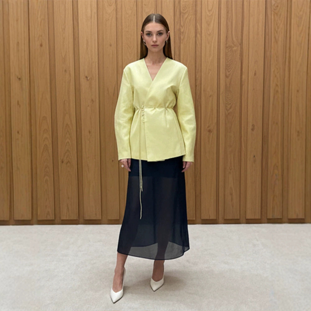 Damen Wickelblazer mit Tunnelzug und weiter Culotte‑Hose Zweiteiler Echoarchiv