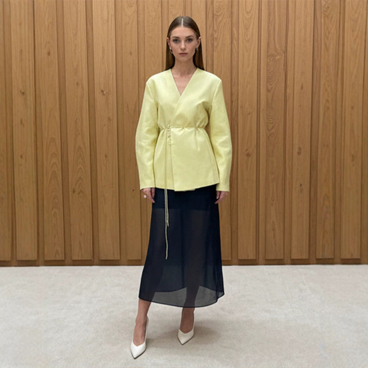 Damen Wickelblazer mit Tunnelzug und weiter Culotte‑Hose Zweiteiler Echoarchiv