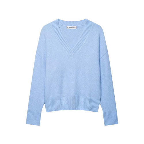 Damen Oversize V-Ausschnitt Strickpullover mit tiefem Fall und breitem Rippenbund Echo Archiv