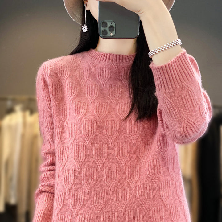 Damen Weicher Mohair‑Look Rundhalspullover mit erhabener Tulpenstruktur Echoarchiv