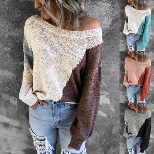 Damen Oversize Strickpullover mit Carmenausschnitt und Colorblock-Design Echoarchiv