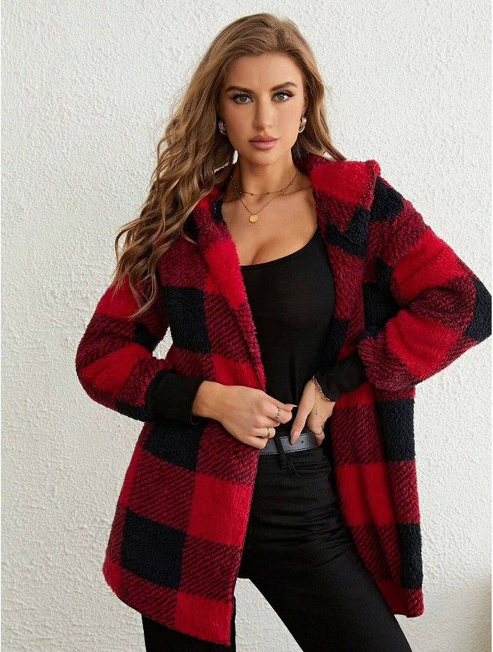 Damen nan karierter Teddy-Mantel mit großem Reverskragen und Rippbündchen Echo Archiv