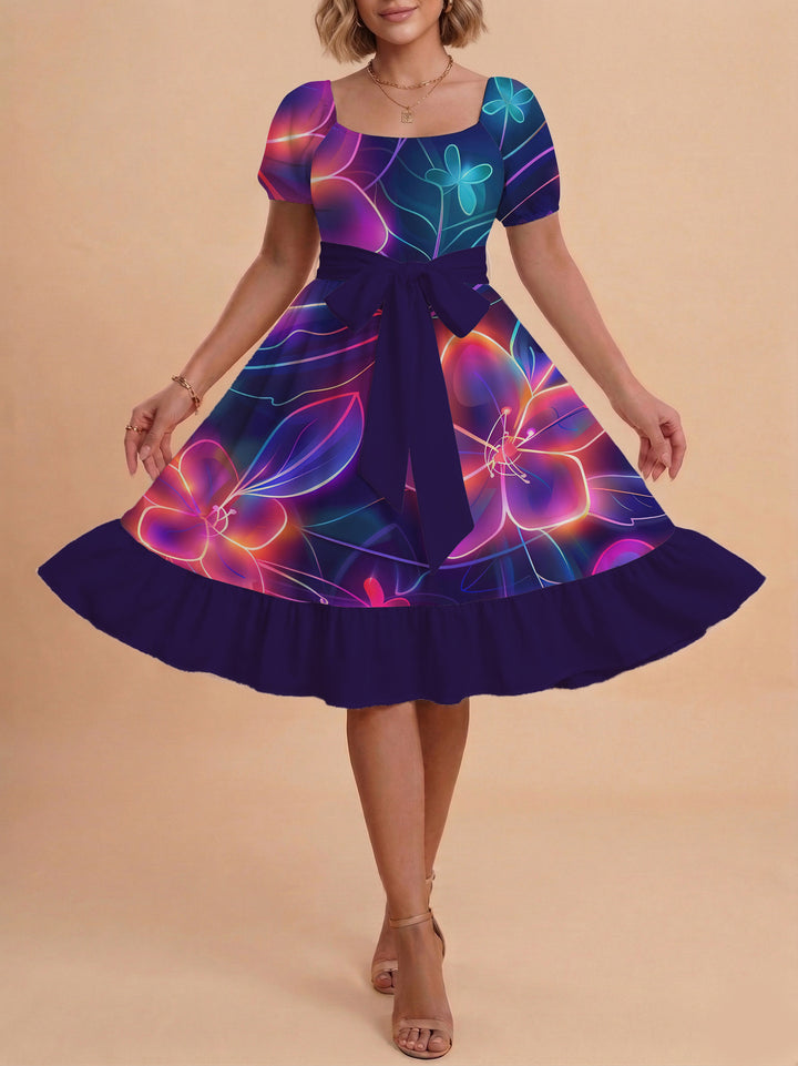 Damen Sommerkleid mit floralem Puffärmel und taillierbarem Gürtel Echo Archiv
