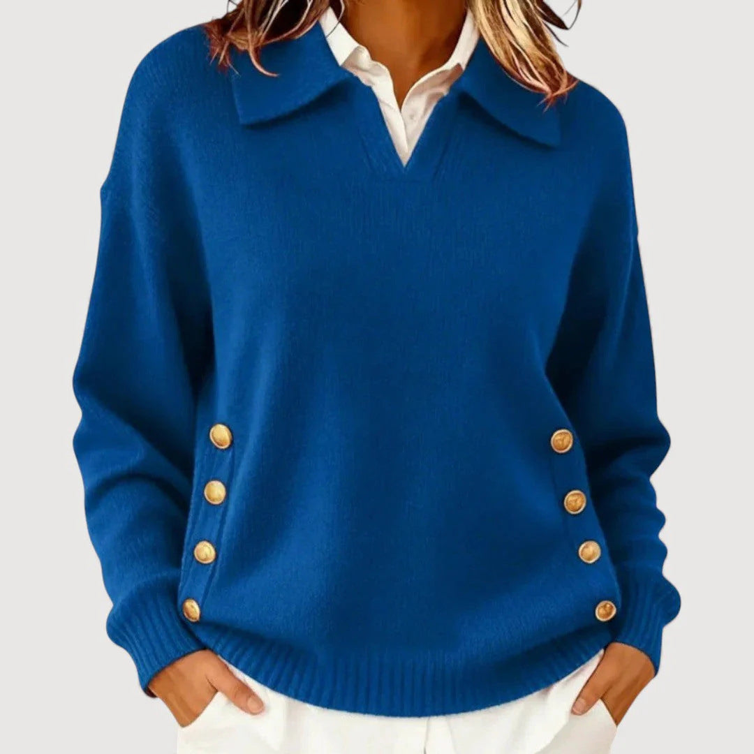 Damen Modischer Strickpullover mit Kragen und Knopfdetails – Mavelle
