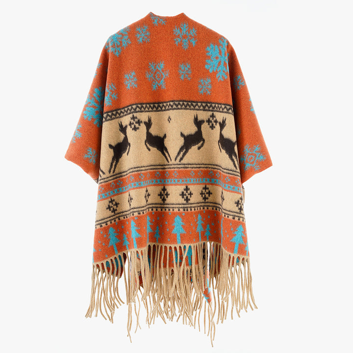 Damen Oversize-Poncho mit Norweger-Motiv und Fransen aus Wollmix Echo Archiv