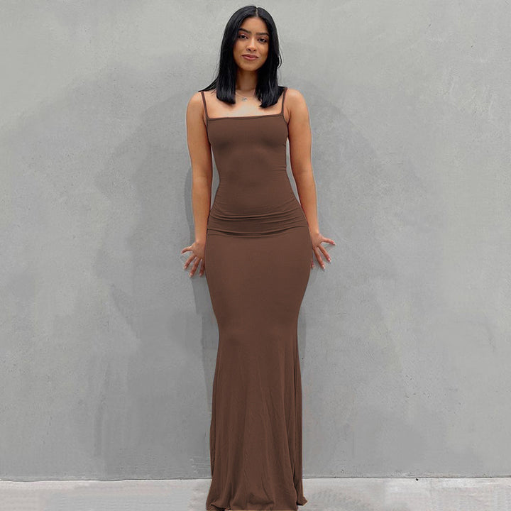 Damen Körperbetontes Maxi‑Jerseykleid mit taillierter Drapierung, langen Ärmeln und ausgestelltem Saum – Valéora
