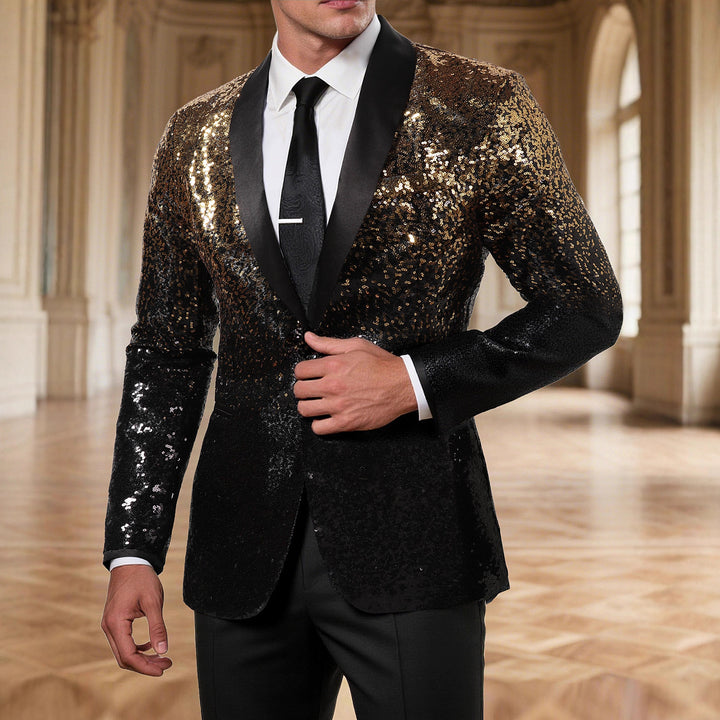 Herren Glamouröser Paillettenblazer mit satiniertem Revers und modernem Schnitt Echoarchiv
