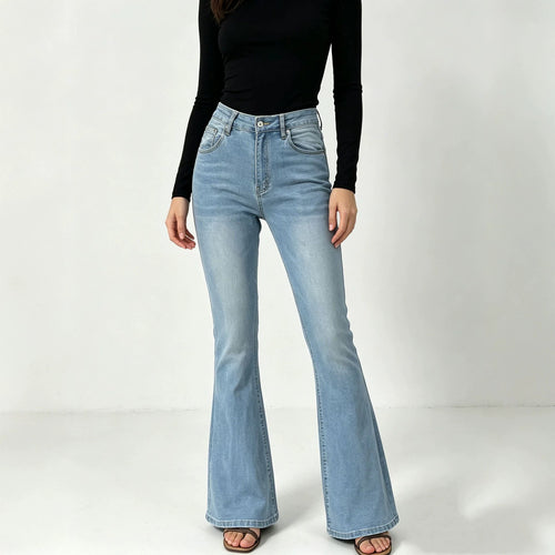 Damen nan hochgeschnittene Jeans mit schmaler Hüftpartie und weitem Schlag mit elastischem Bund Echo Archiv