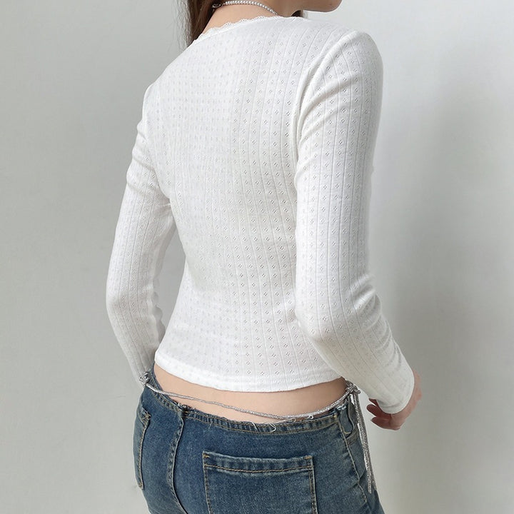 Damen Tailliertes Rippstrick-Cropped-Longsleeve mit Spitzenkante Echo Archiv