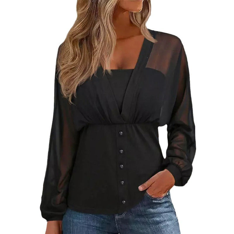 Damen transparentes Chiffon-Blusentop mit Knopfleiste und taillierter Passform – Avérine