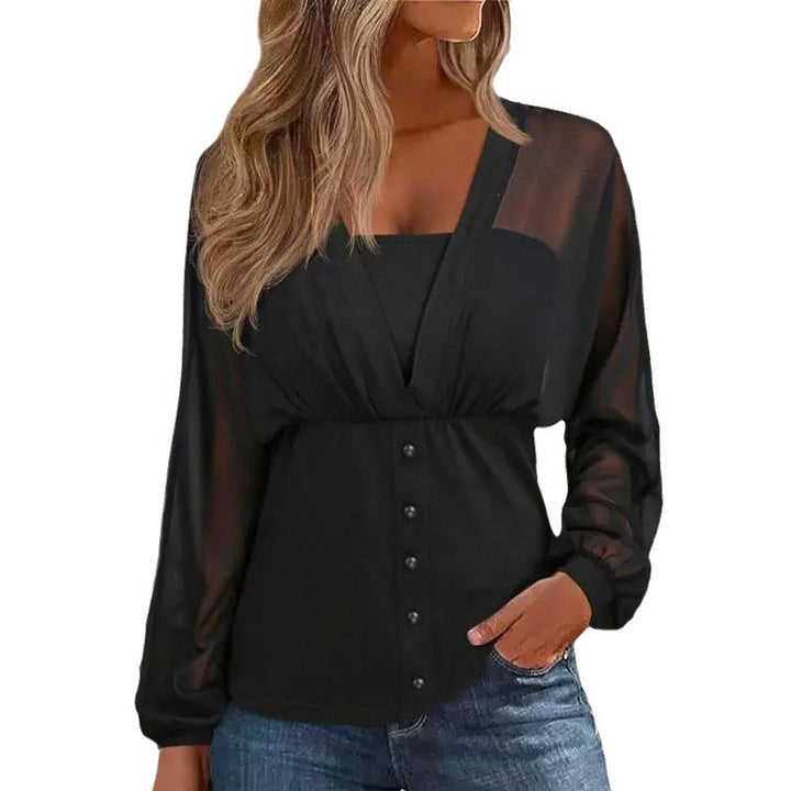 Damen transparentes Chiffon-Blusentop mit Knopfleiste und taillierter Passform – Avérine