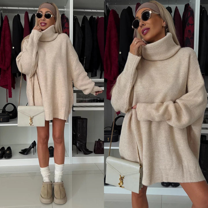 Damen Lässiges Oversized Strick-Minikleid mit hohem Rollkragen und Ballonärmeln – Élara