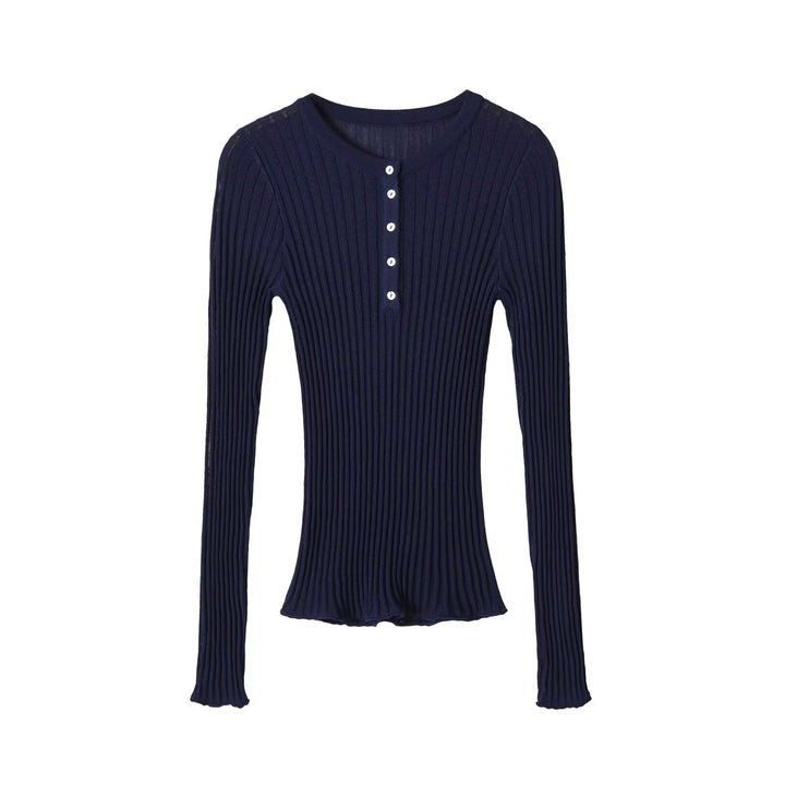 Damen Feinstrick-Longsleeve mit Rippstruktur und Knopfleiste Echo Archiv