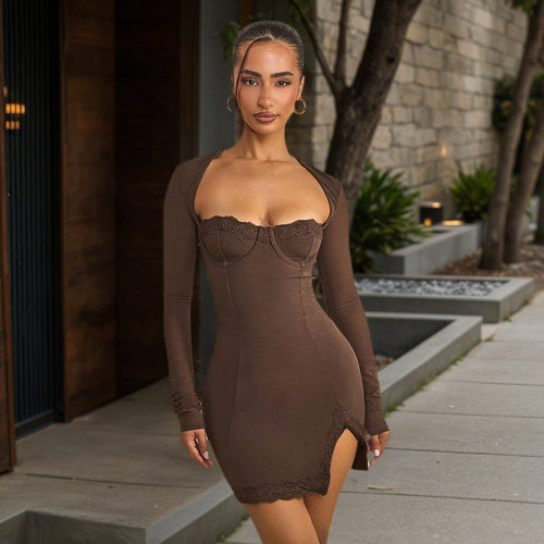 Damen nan figurbetontes Langarm-Minikleid mit Korsettoptik, geformten Cups und Spitzendetail Echo Archiv