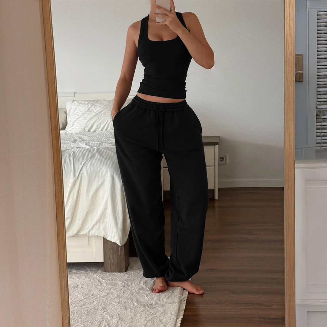 Damen weite High‑Waist Loungehose mit Kordelzug elastischem Komfortbund und Eingrifftaschen – Avélisse