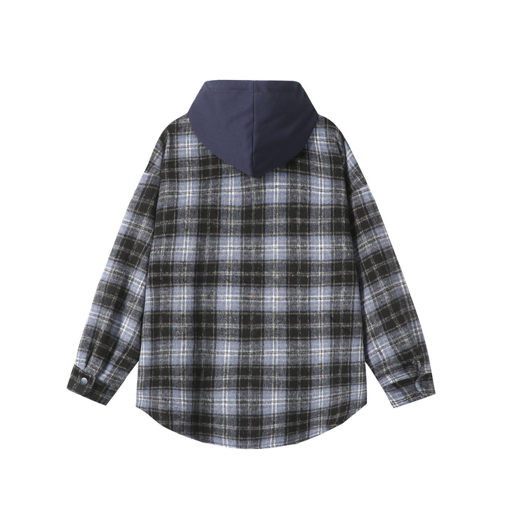 Unisex Oversized Karo-Hemdjacke mit Kapuze, Druckknöpfen und Brusttasche Echoarchiv