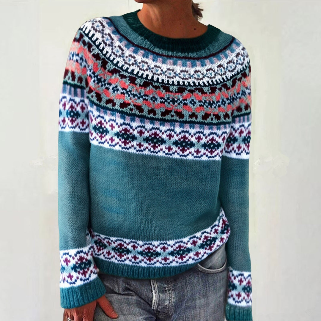 Damen nan melierter Rundhalsausschnittpullover mit kreisförmigem Jacquard-Yoke und geripptem Saum Echo Archiv
