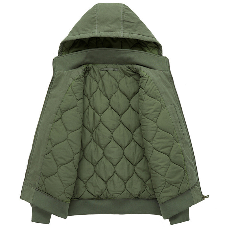 Herren Canvas-Field-Bomberjacke mit Kapuze, Utility-Ärmeltasche und geripptem Saum – Brevano