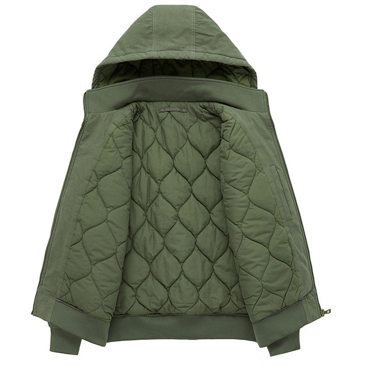 Herren Canvas-Field-Bomberjacke mit Kapuze, Utility-Ärmeltasche und geripptem Saum – Brevano