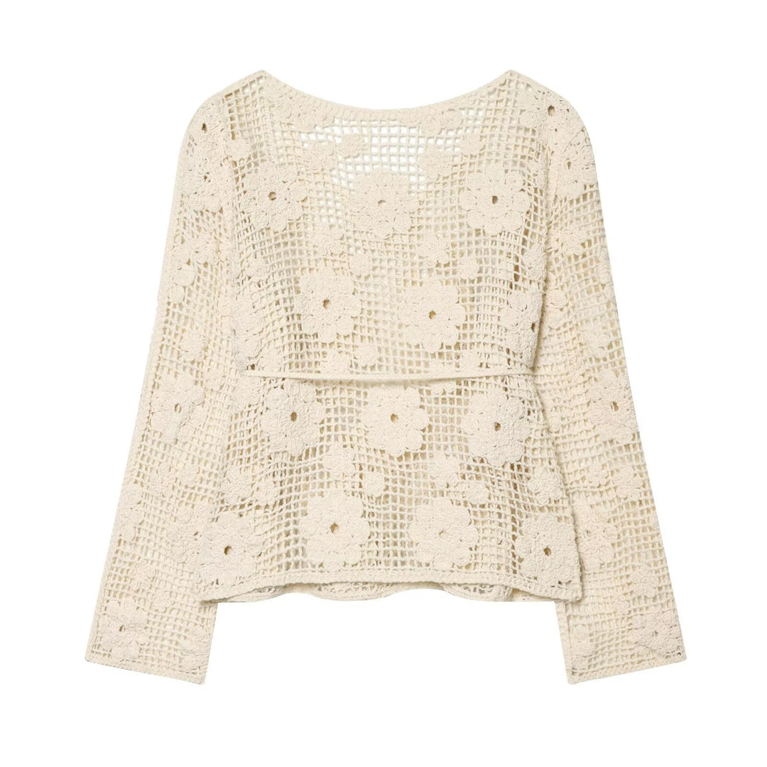 Damen gehäkelter Oversize-Pullover mit Blumen-Openwork und Rundhalsausschnitt Echo Archiv