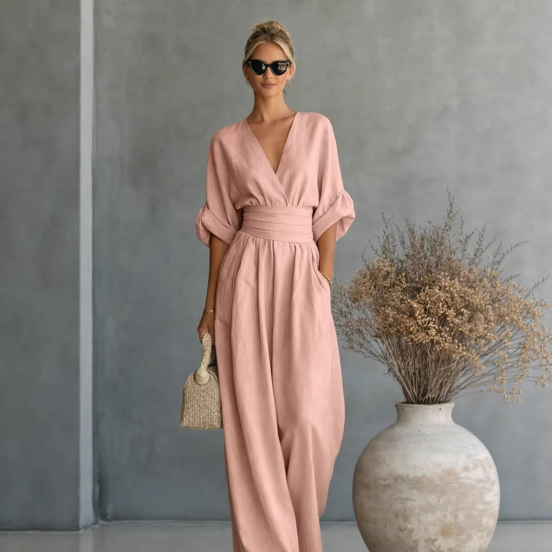 Damen Weit geschnittener Jumpsuit mit eleganten Drapierungen und V-Ausschnitt Echo Archiv