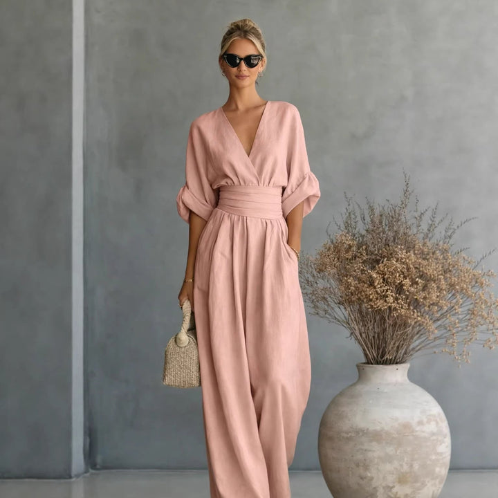 Damen Weit geschnittener Jumpsuit mit eleganten Drapierungen und V-Ausschnitt Echo Archiv