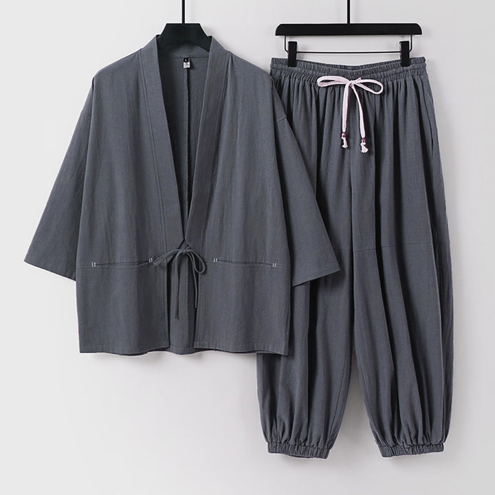 Unisex Lockeres Kimono-Loungewear-Set aus atmungsaktivem Baumwollmix mit Kordelbund und gerafften Knöcheln Echoarchiv