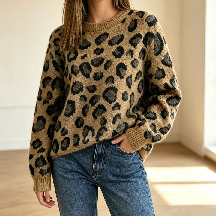 Damen Kuscheliger Rundhalspullover im Leo-Jacquard mit entspanntem Oversize-Schnitt – Mavelle