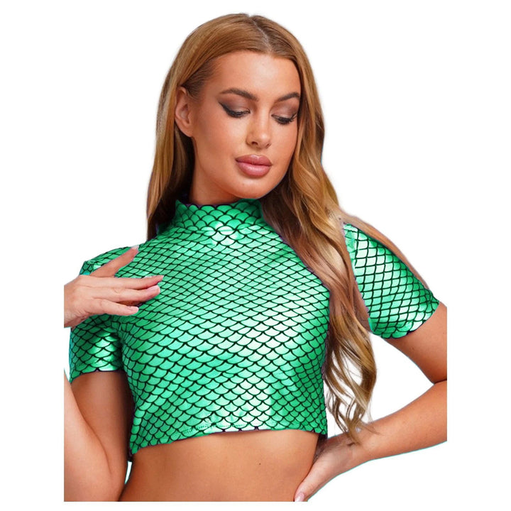 Damen Glitzerndes Cropped Shirt mit schimmerndem Fischschuppen-Muster Echo Archiv