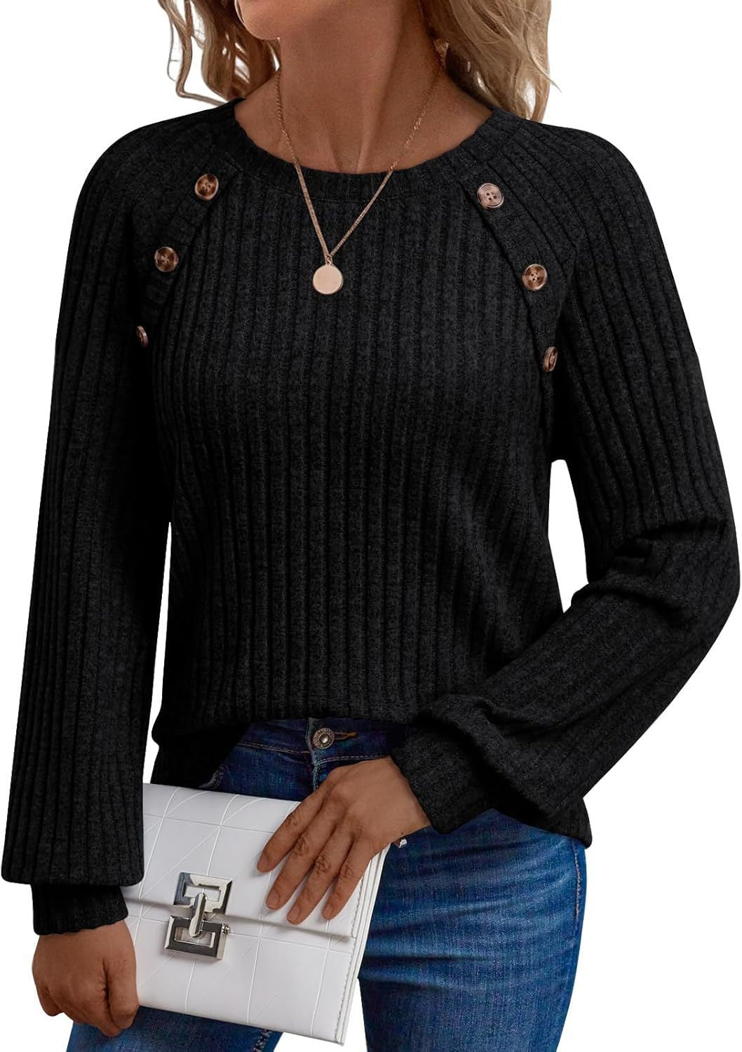 Damen Gerippter Strickpullover mit Zierknopfleiste an Raglanärmeln Echoarchiv