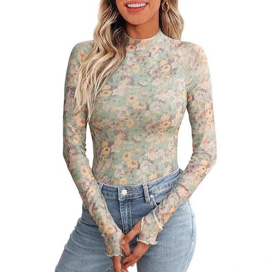 Damen Transparentes Mesh-Longsleeve mit Blumenprint und Stehkragen – Avérine