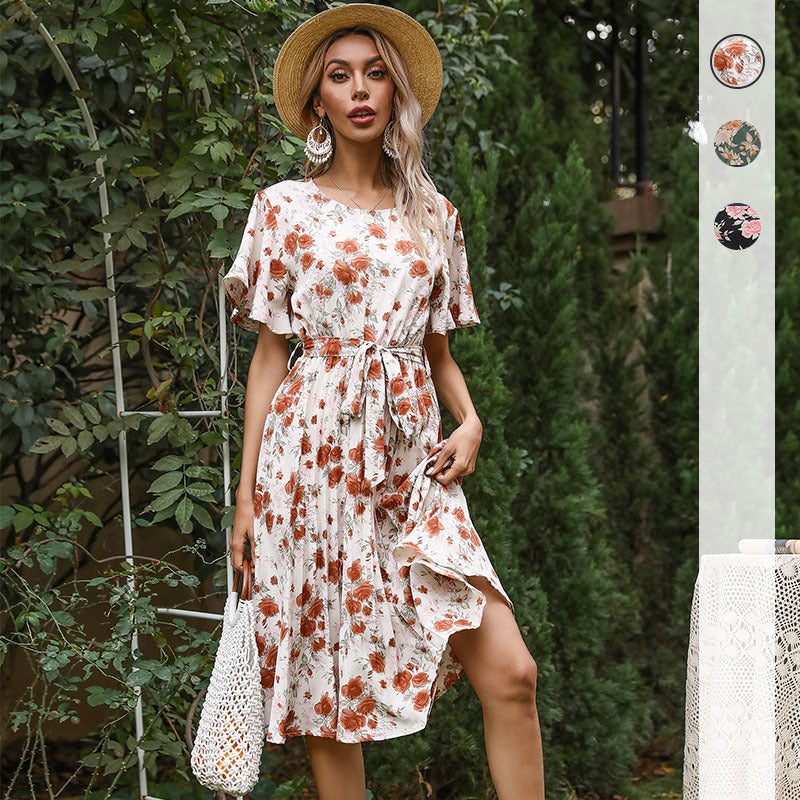 Damen Florales Midikleid mit Bindegürtel, Flatterärmeln und A-Linien-Schnitt Echoarchiv