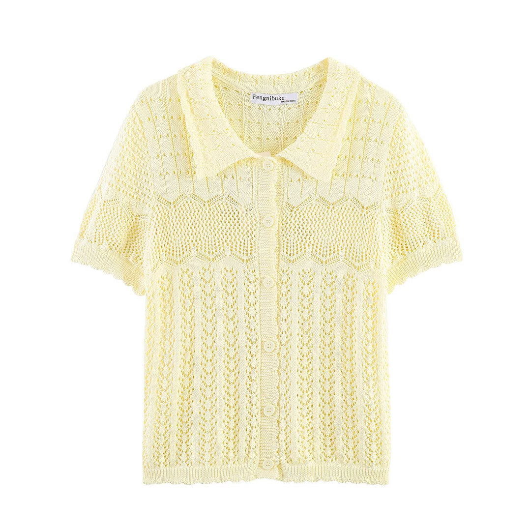 Damen Kurzarm Strickjacke mit feinem Lochmuster und klassischem Kragen Echo Archiv