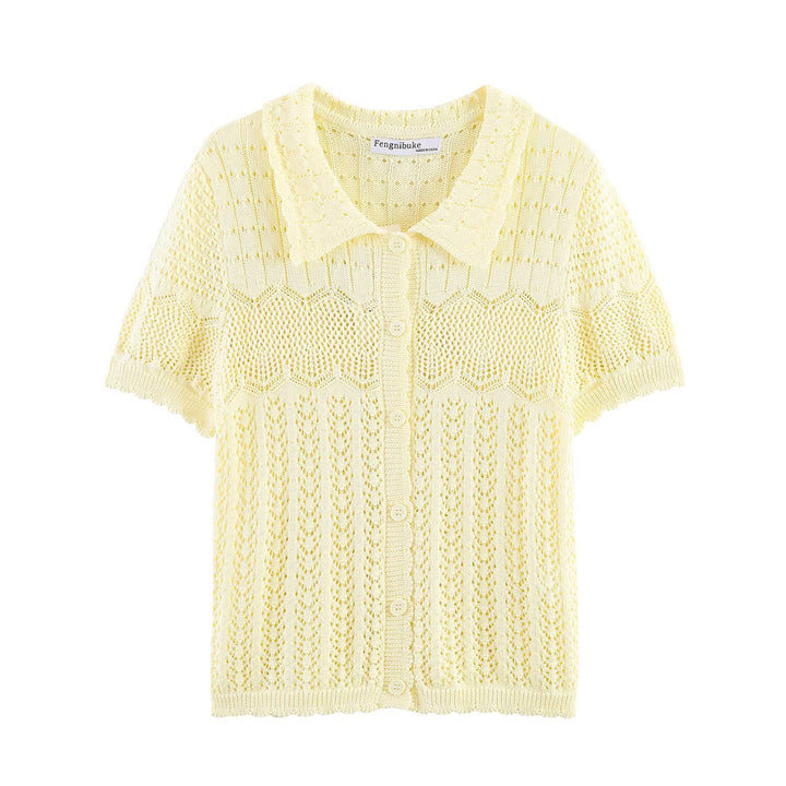 Damen Kurzarm Strickjacke mit feinem Lochmuster und klassischem Kragen Echo Archiv