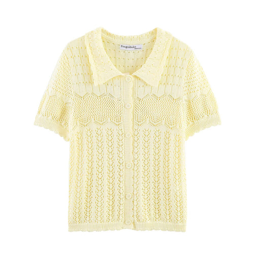 Damen Kurzarm Strickjacke mit feinem Lochmuster und klassischem Kragen Echo Archiv