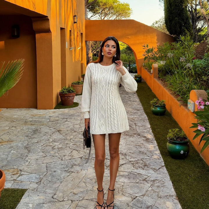 Damen Strickkleid mit Zopfmuster und Ballonärmeln – Mavelle