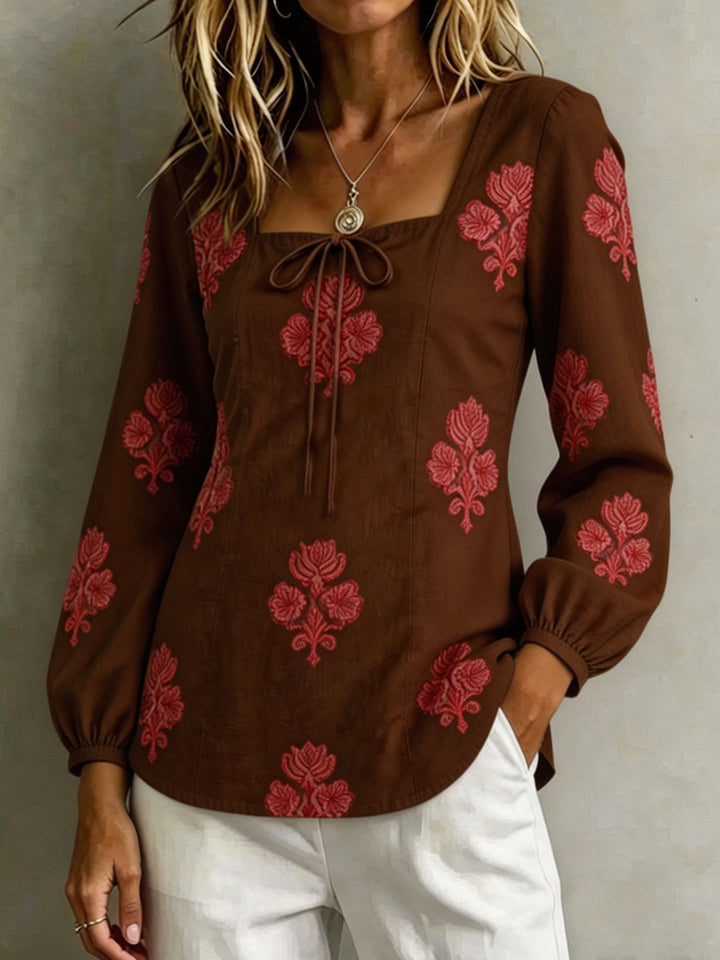 Damen Bestickte Tunika-Bluse mit quadratischem Ausschnitt und femininen Ballonärmeln – Élovi