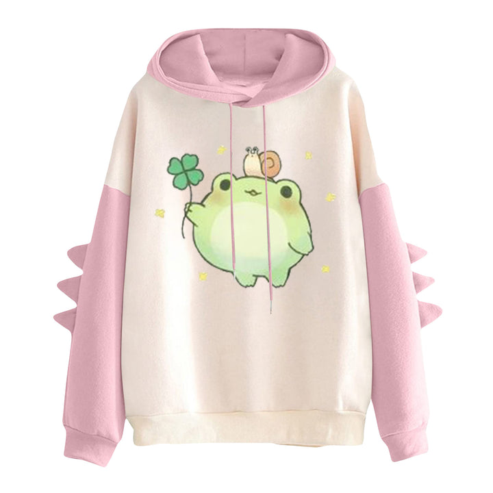 Damen Kapuzenpullover mit niedlichem Frosch-Motiv, Kängurutasche und volumigen Ärmelapplikationen – Auréline