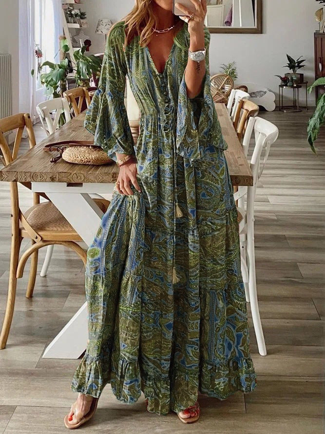 Damen Boho Maxikleid mit Paisley-Print, V-Ausschnitt, Stufenrock und Bindegürtel Echoarchiv